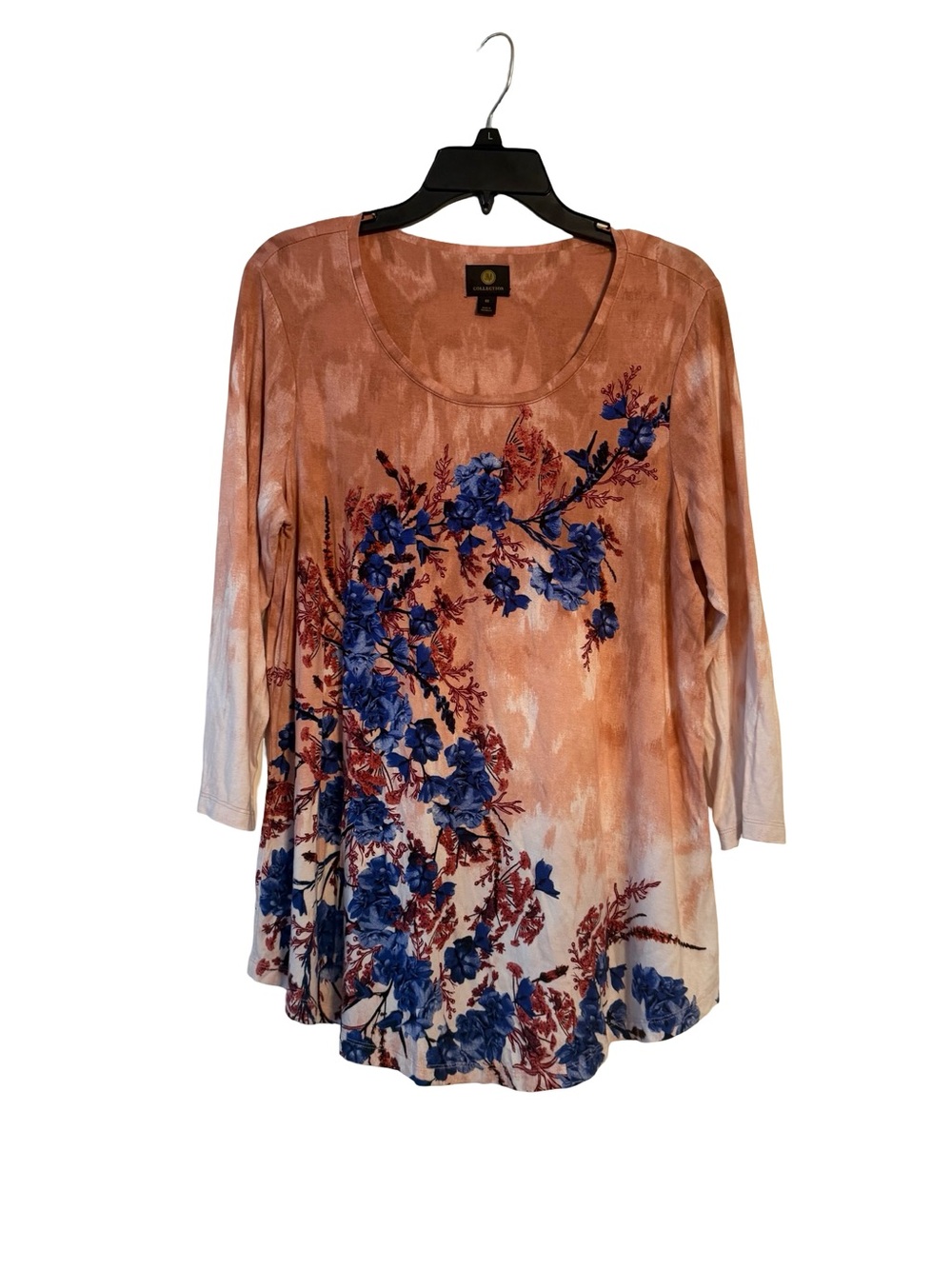 JM Collection Peach Tunic Top with Blue Floral Print